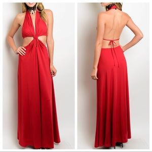 Red Grecian Backless Cut-out Maxi Dress